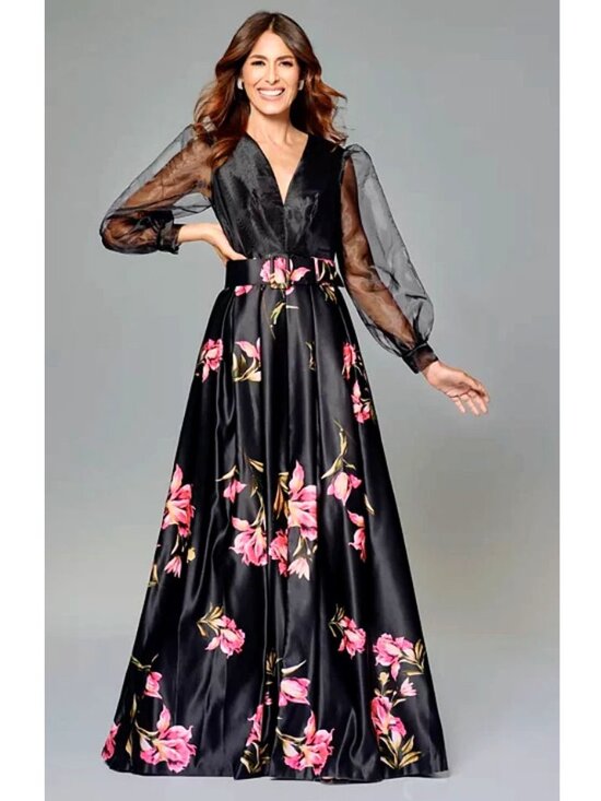 Betsy & Adam Dresses & Skirts - Betsy & Adam Organza-Sleeve Floral Belted Gown